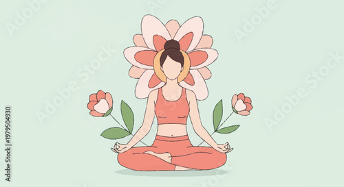 Woman meditating in lotus pose with blooming flower behind her.