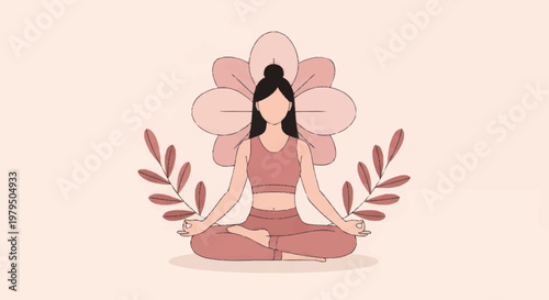 Woman meditating in lotus pose with flower and leaves.