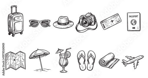 Hand drawn sketch elements for travel and vacation, including a suitcase, passport, camera, and airplane, on a white background.