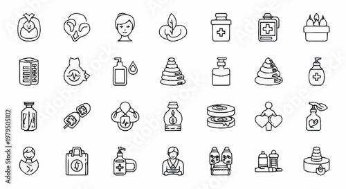 Collection of healthcare and wellness icons in a simple line art style.