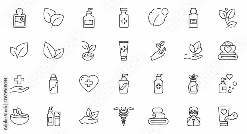 Collection of healthcare and beauty product line icons.