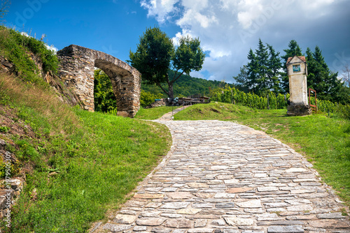 Historic stone arch Rotes Tor (Red Gate) and vineyards near Spitz in Wachau region in Lower Austria, Austria