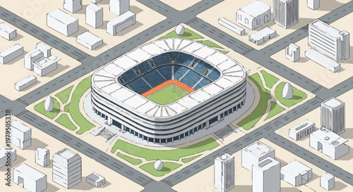 Modern sports stadium surrounded by city buildings isometric view.