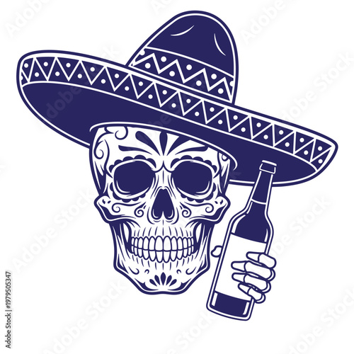 Dark blue of a sugar skull wearing a traditional mexican sombrero, holding a glass beer bottle in a skeletal hand, isolated on a white background