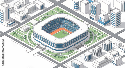 Modern Baseball Stadium in a Cityscape Isometric View.