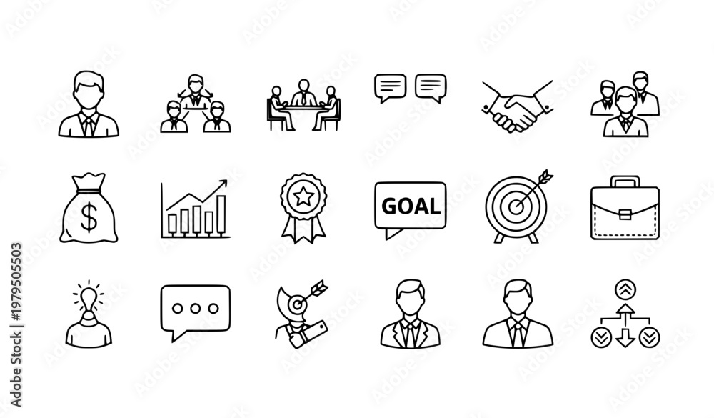Fototapeta premium Minimal business outline icons collection with teamwork meeting investment and corporate success symbols