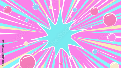 ピンクの背景に水色の集中線とパステルカラーの水玉が弾けるポップなサンバースト背景