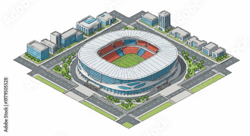 Modern sports stadium complex with surrounding city buildings and roads.