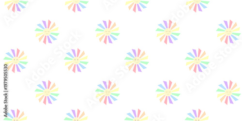 Seamless pattern with cute sun characters and rainbow rays, pastel nursery vector background.