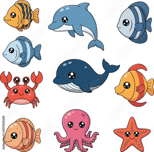 Photography Colorful cartoon sea creatures isolated on a transparent background