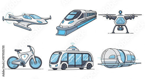 Futuristic transportation vehicles collection modern transport innovation concept.