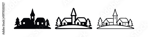 Small Village Skyline Silhouette with Church and Trees
