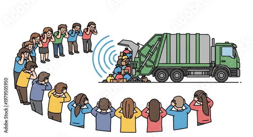 Garbage truck collecting trash with people covering ears.