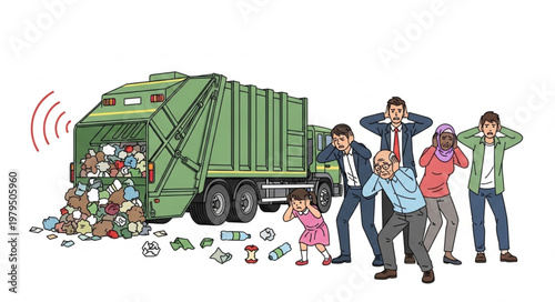 Garbage truck dumping trash with people covering noses.