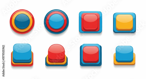 Collection of colorful glossy buttons in various shapes and colors.