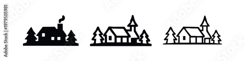 Country Village Landscape Icons with Houses and Pine Forest