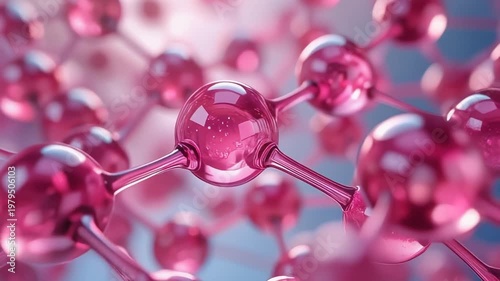 A pink molecular structure composed of spheres and rods is displayed prominently in a scientific setting with a blurred background.