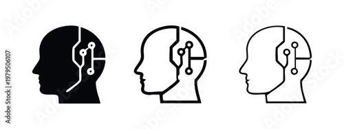 Cybernetic human head with circuit board patterns icon set