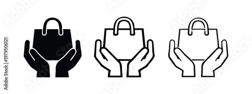 Retail shopping bag held by hands icon set