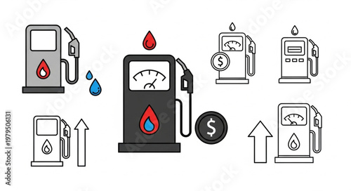 Gas Station Fuel Pump Icons Showing Price Increase and Fuel Drops.