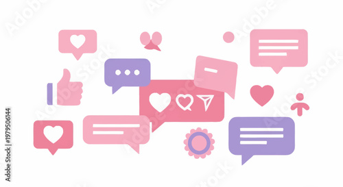 Social media icons and speech bubbles in pastel colors.