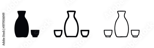 Japanese sake bottle and cups traditional drink icon set