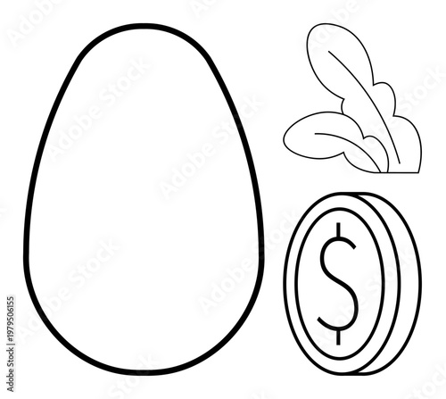Investment, savings, financial growth, wealth management, eco-friendly economy, personal finance. Egg, coin with dollar sign and leaves. Investment and savings financial growth and eco-conscious