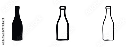 Glass bottle silhouette icon set for wine or beverage