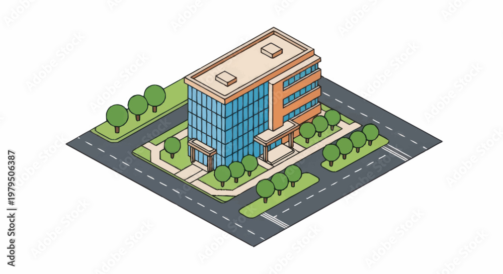 Obraz premium Modern Office Building Isometric View with Trees and Road.