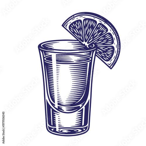 Engraved style of a tequila shot glass filled with liquid and garnished with a fresh orange slice, rendered in deep blue ink lines on a white background
