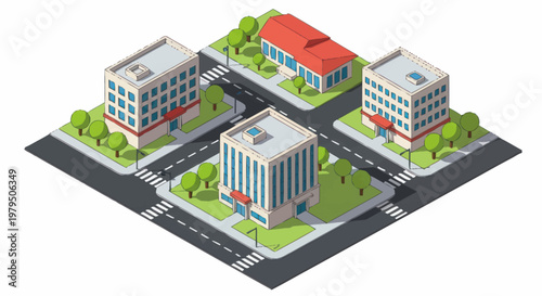 Isometric City Buildings and Roads with Green Trees.