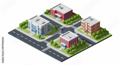 Isometric City Block With Buildings And Roads.