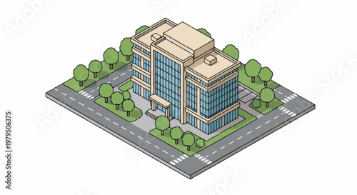 Isometric modern office building with trees and road.