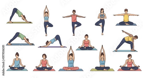 Yoga poses collection with diverse people practicing asanas, flat vector illustration set of men and women in various stretching and meditation positions