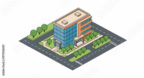 Modern Office Building Isometric View with Trees and Road.
