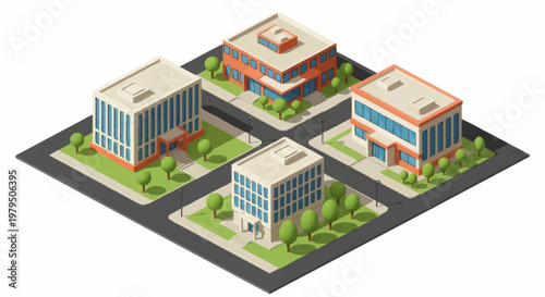 Isometric View of Four Modern Office Buildings on City Blocks.
