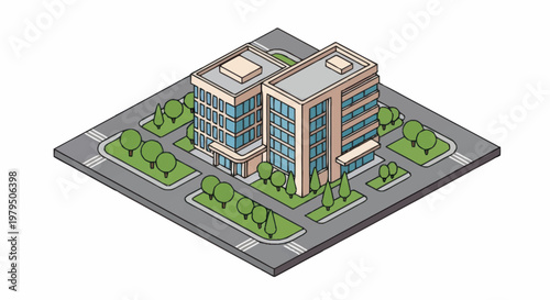 Modern Office Buildings Isometric View with Greenery.