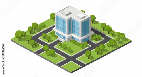 Modern Office Building Isometric View with Green Surroundings.