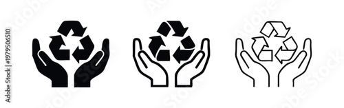 Sustainability Icon Set Featuring Recycling Symbol with Caring Hands