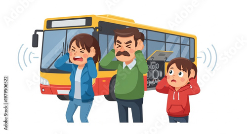 Family covering ears from loud bus noise pollution.