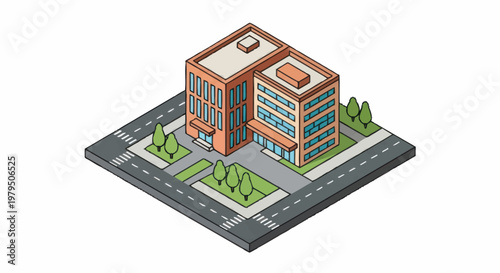 Isometric illustration of modern office buildings on a city block.