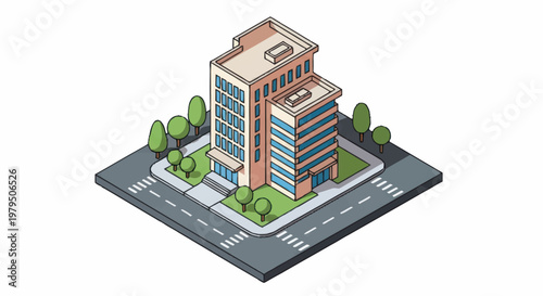 Modern Isometric Office Buildings with Trees and Street.