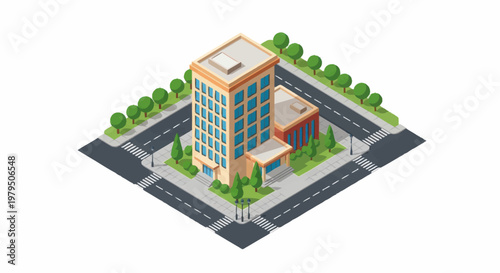 Modern Isometric Office Building Complex with Surrounding Roads.