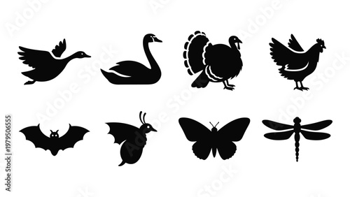 A collection of black silhouette icons depicting various birds insects and a bat arranged on a white background high quality professional