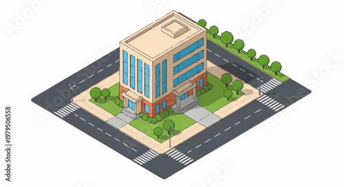 Modern Office Building Isometric View with Greenery and Roads.