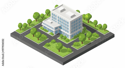 Modern Office Building with Green Spaces Isometric View.