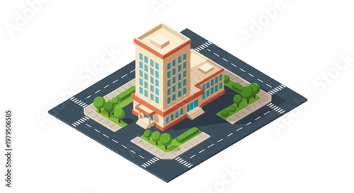 Isometric view of a modern office building on a city street.
