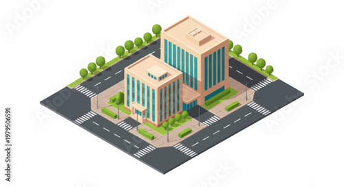 Modern office buildings in a city isometric view.