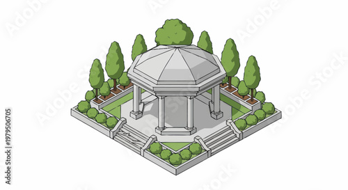 Elegant White Gazebo Surrounded by Lush Green Trees and Gardens.
