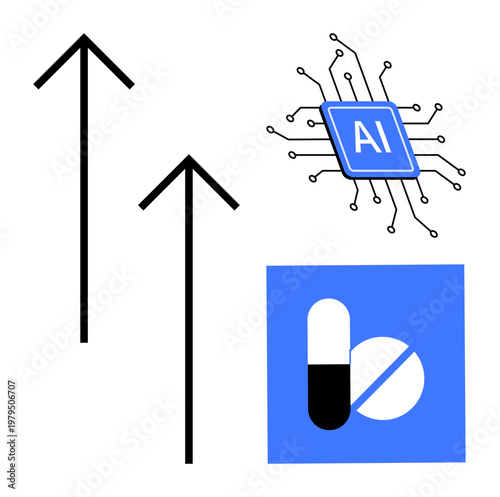 Technology innovation, healthcare trends, AI integration, medicine research, digital transformation, data analysis. Black arrows, AI chip and medicine icons. Technology innovation and healthcare